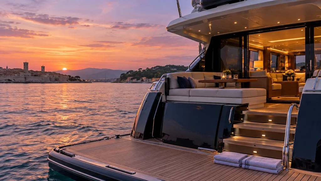 Voir la lumière du soir depuis un yacht à Antibes
