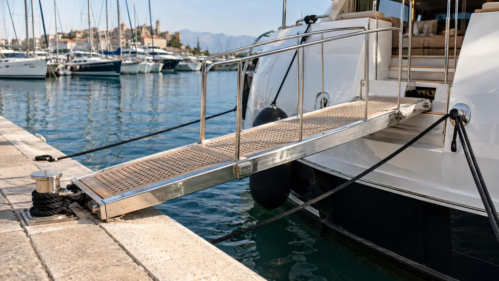 Passerelle et accès au yacht dans une marina d’Antibes