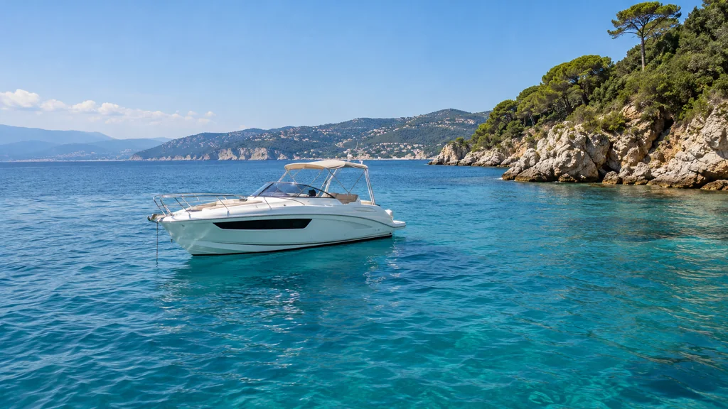 Small white yacht at a suitable open-water anchorage off the Riviera with swim ladder raised