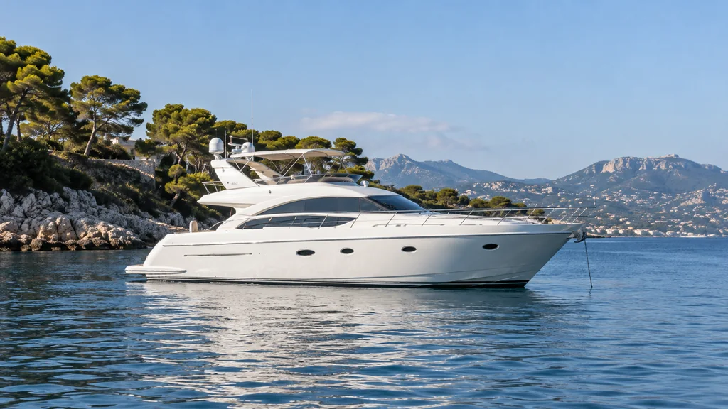 A practical white motor yacht at rest off Cap d Antibes
