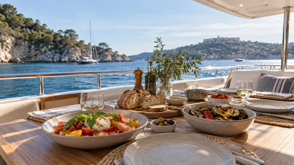 Simple shaded yacht lunch table with Provence-style vegetables and bread