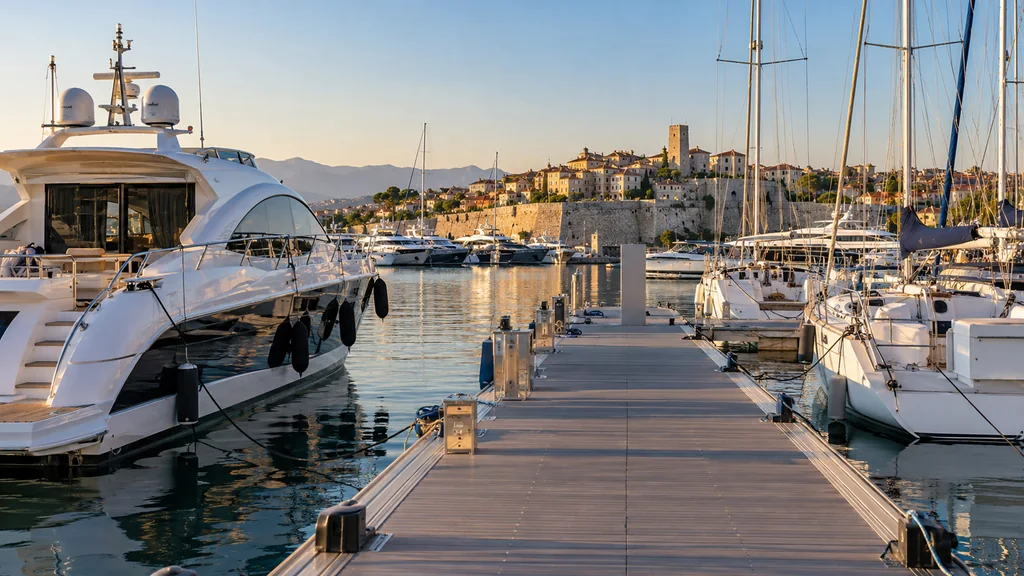 Port Vauban marina in Antibes seen along a broad pontoon