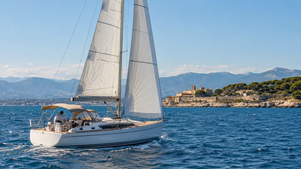 Unbranded monohull sailing yacht under a modest balanced sail plan off Antibes