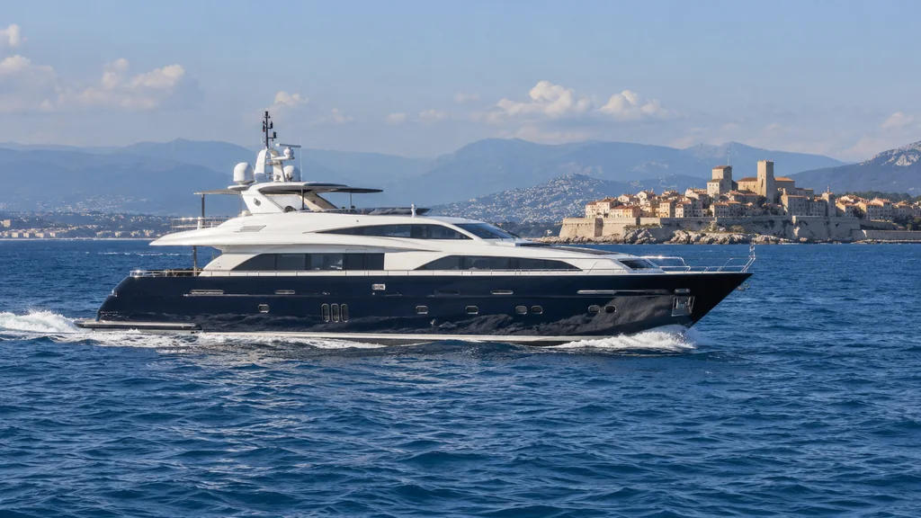 Large unbranded motor yacht side profile beyond Antibes harbour entrance